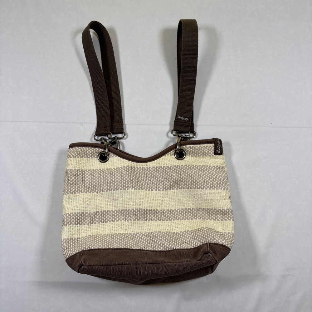 Thirty-One Woven Striped Shoulder Bag Brown Cream Straw Canvas Tote